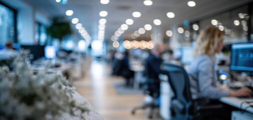 Fototapeta premium Modern Open-Plan Office Environment with Blurred Figures Working at Desks Under Bright Lights