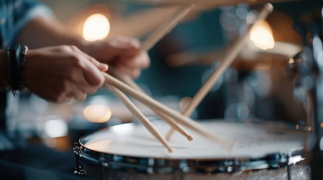 Close-up of hands playing drums with sticks, creating rhythmic music with blurred warm lights in the background.