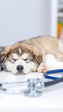 Sleeping puppy at the vets office.