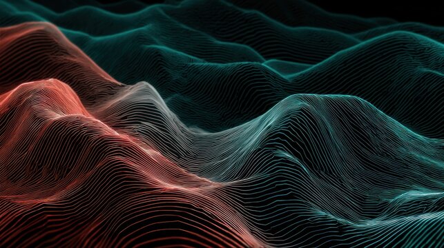 Abstract illuminated terrain surface visualized with undulating contours in dual tones