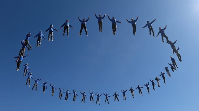 Skydivers form a circular formation in the bright blue sky, showcasing teamwork and extreme sports adventure
