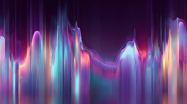 Glowing abstract digital light forms undulate across a dark background with vertical emphasis