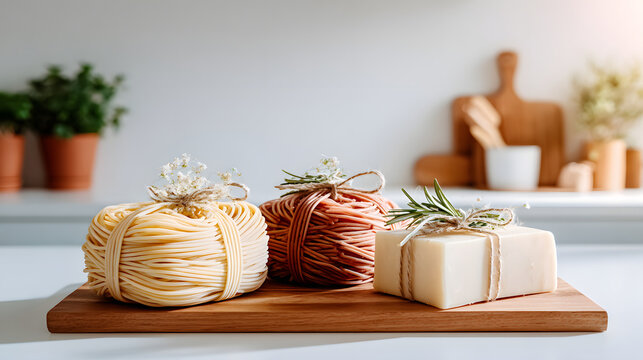 Fresh artisanal pasta nests and handcut cheese block tied with twine and rosemary on wooden board in bright kitchen, rustic still life conveying warm homemade comfort
