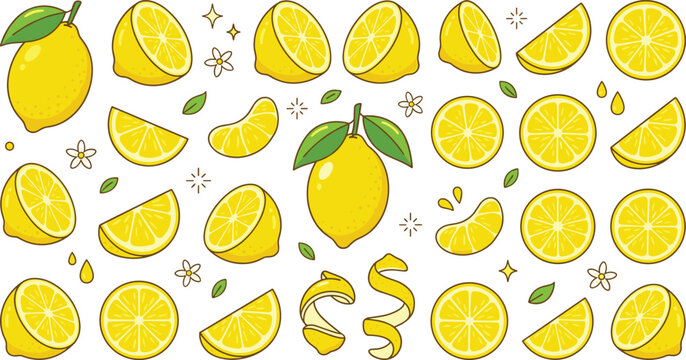 Lemon Icon Collection Featuring Whole, Halves, Slices, Wedges, and Decorative Flowers with Juice Drops in Colorful Cartoon Vector Designs
