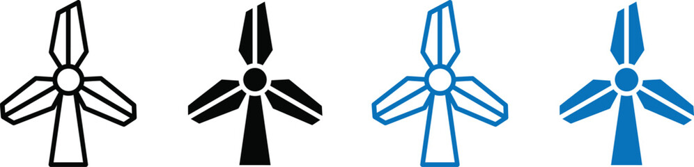 Minimalist sets of wind turbine icons in black and blue outline and solid vector styles © MDRAJU