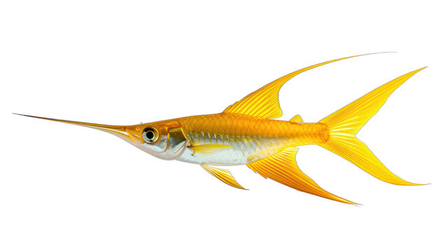 A vibrant golden needlefish with its sharp bill extended swims against a black background.
