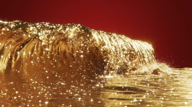 Luxurious golden water wave cresting with dazzling sparkles against a rich red backdrop creating a radiant visual