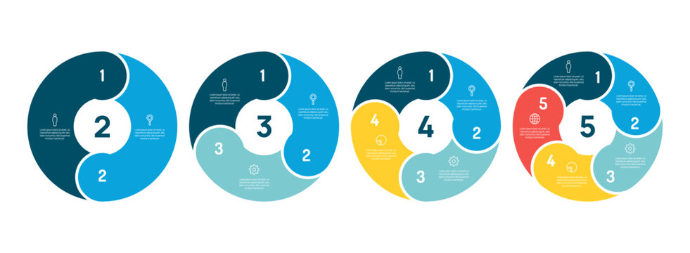Circle venn diagram infographic set. Circular label 2-5 steps options. Process chart, cycle diagram for business presentation, vector illustration.