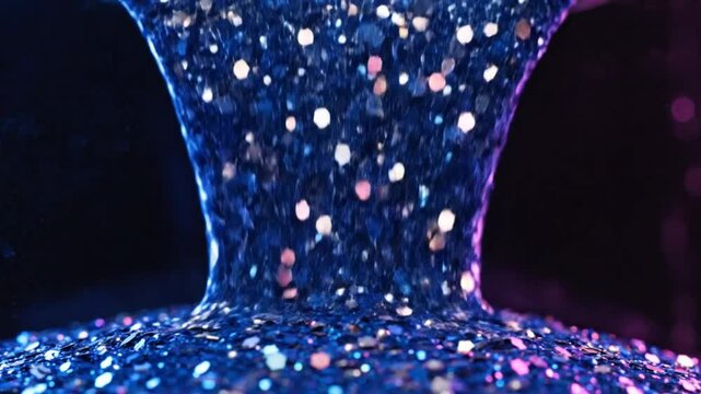 Mesmerizing blue glitter slime pouring and flowing against a dark background, creative texture