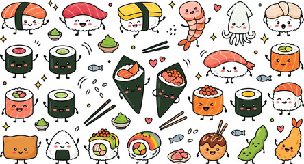 Japanese Food Icon Collection Featuring Sushi, Nigiri, Maki, Temaki, Onigiri, and Side Dishes in Playful Cartoon Vector Designs © Abdur