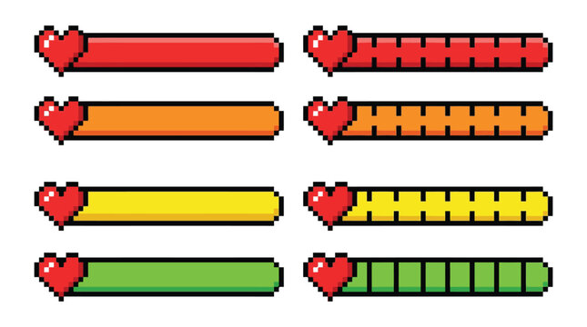 Set of colorful pixel art health bars with red hearts for classic retro video game interfaces