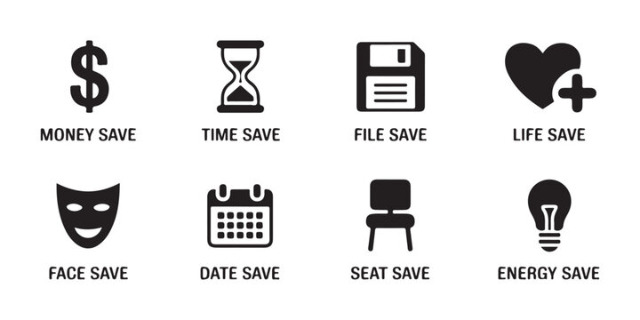 Black silhouette collection of eight different save icons representing various concepts on grid background.