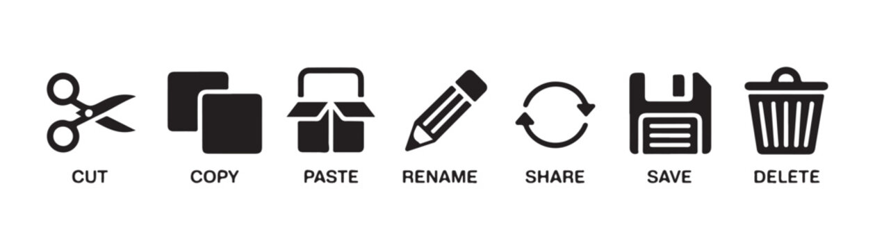 Bold black silhouette office tools set featuring cut copy paste and rename functions with text labels.