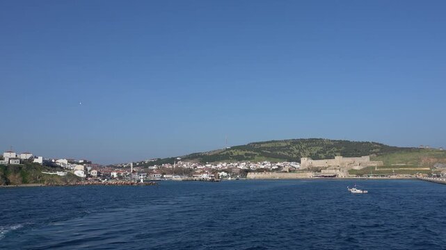 Panoramic View of Bozcaada Island Harbor and Historical Fortress - Coastal Town Landscape of Tenedos on Aegean Sea - Canakkale, Turkey. High quality 4k footage
