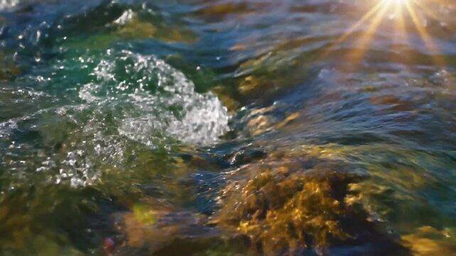 Sparkling water flows over colorful riverbed illuminated by sunlight creating a tranquil nature scene