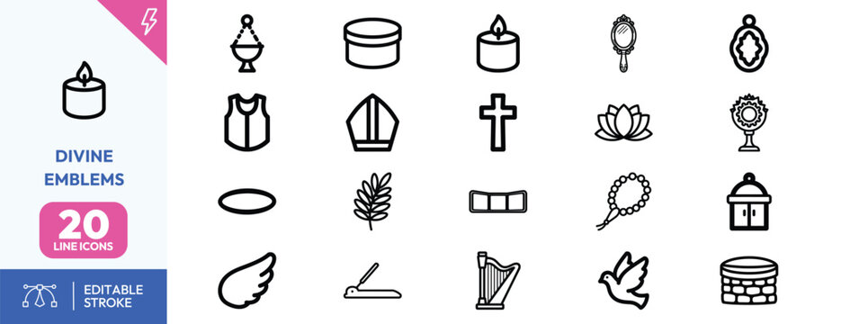 Divine Emblems icon set. Containing candle, cross, lotus, dove, harp, and more. Editable stroke. Vector illustration.