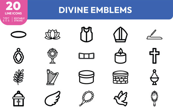 Divine Emblems icon set. Containing symbols of faith, spirituality, worship, and more. Editable stroke. Vector illustration.