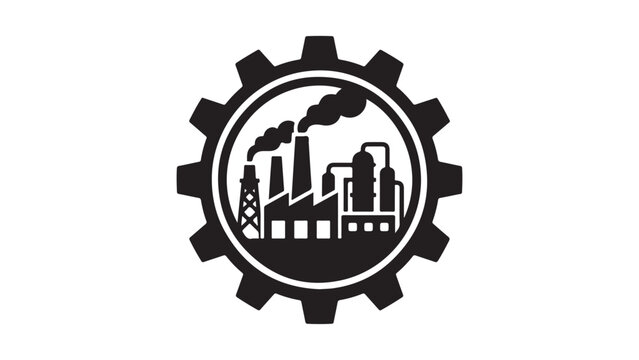 Industrial factory gear machinery silhouette icon with smoke stack symbol vector illustration