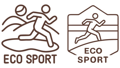 Obraz premium Two eco sport logos. running man over natural landscape and text.