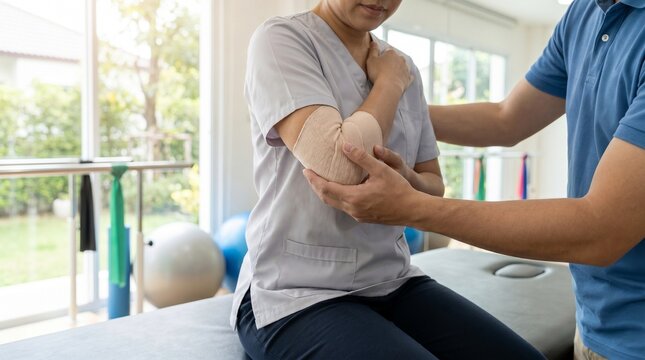 Physical therapist applying elastic bandage to woman elbow in clinic