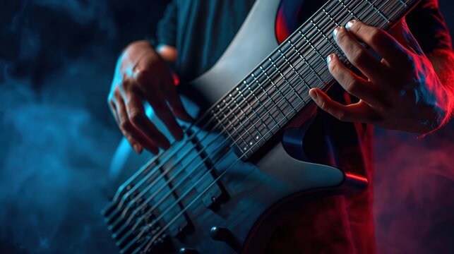 Close-up of musician playing a six-string electric bass guitar with vibrant red and blue stage lighting and smoke