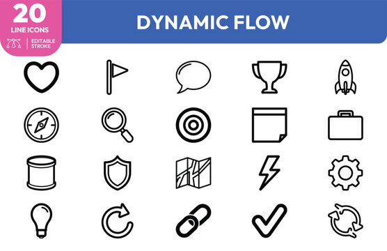 Dynamic Flow icon set. Containing heart, trophy, rocket, light bulb, shield, and more. Editable stroke. Vector illustration.