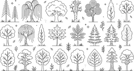 Line Art Tree Vector Set Featuring Deciduous, Coniferous, and Stylized Trees with Leaves and Forest Elements for Websites, Apps, and Digital Designs © Abdur