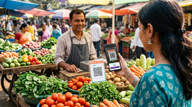 Indian woman paying vegetable vendor via QR code in outdoor market