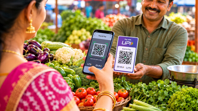 Indian Woman Scanning UPI QR Code at Vegetable Market Stall