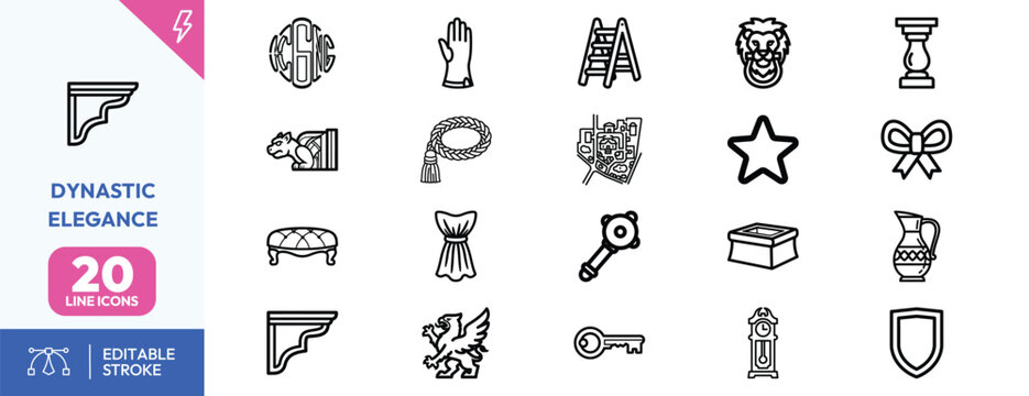 Dynastic Elegance icon set. Containing architectural details, mythical creatures, and decorative elements. Editable stroke. Vector illustration.