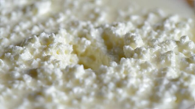 Close up of fresh cottage cheese texture in a bowl.