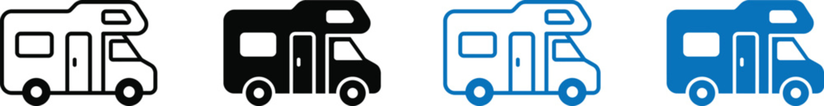 A set of customizable camper van and recreational vehicle icons for travel blog or adventure website design