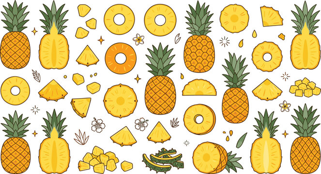 Pineapple Icon Collection Featuring Whole, Halves, Slices, Wedges, and Diced Pieces in Colorful Tropical Cartoon Vector Designs