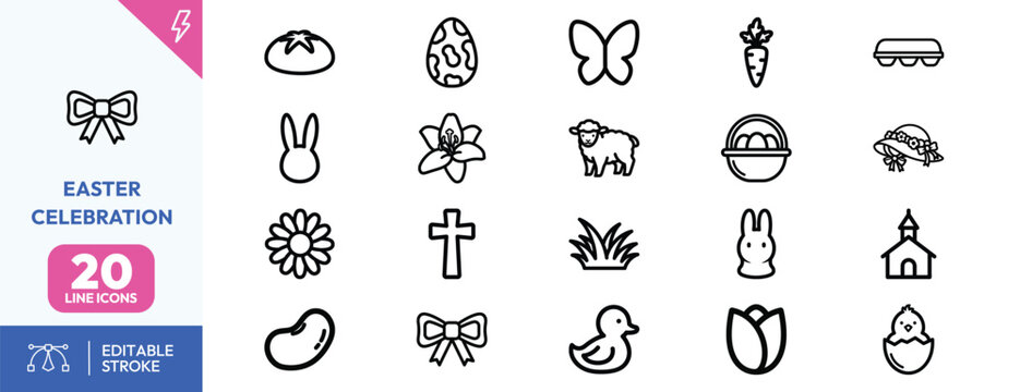 Easter Celebration icon set. Containing eggs, bunnies, flowers, and more. Editable stroke. Vector illustration.