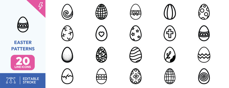 Easter Patterns icon set. Containing decorative eggs, traditional symbols, and designs. Editable stroke. Vector illustration.