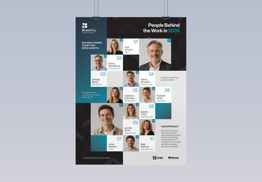 Meet The Team Org Chart Poster Template, Company Staff Directory, Corporate Team Profile Layout