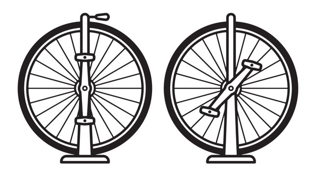 Bicycle wheel assemblies with spokes and axles in black and white line art featuring bike frame, cycling, transportation with bike mechanics and bike