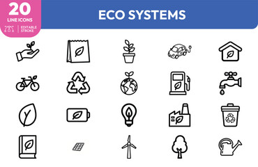 Fototapeta premium Eco Systems icon set. Containing sustainable concepts like recycling, gardening, and renewable energy. Editable stroke. Vector illustration.