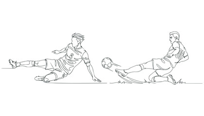 Fototapeta premium Soccer players kicking ball one line drawing.