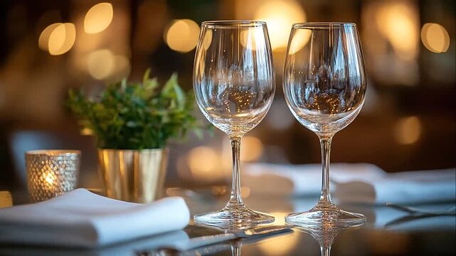 Two empty wine glasses on a set restaurant table with warm ambient bokeh lighting and a white napkin