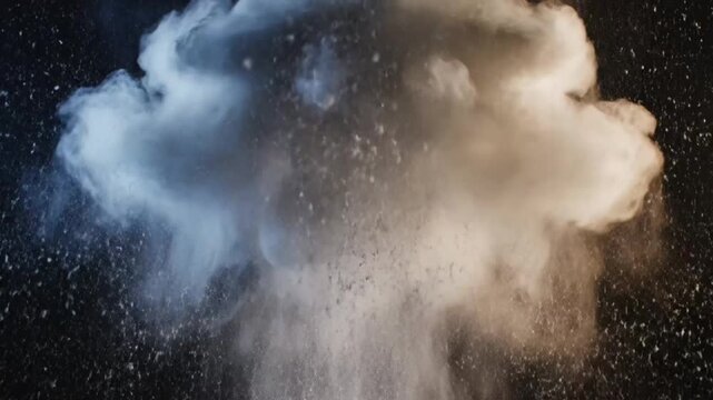 Epic cloud explosion or eruption with high-speed release and powder dust effect against black background