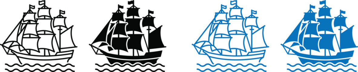 A set of four simple sailing ship icons in black and blue outline and silhouette styles © MDRAJU