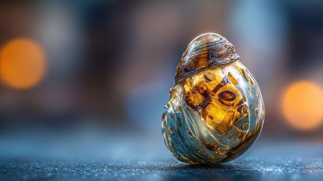Intricate, translucent gastropod casing rests upon a textured surface with blurred background lighting.