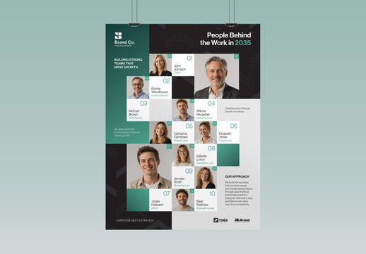 Meet The Team Org Chart Poster Template, Company Staff Directory, Corporate Team Profile Layout
