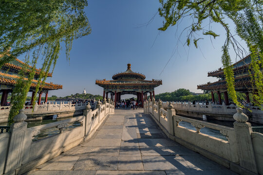 Beihai Park Beijing: Traditional Chinese Dragon Pavilion and Stone Bridge
