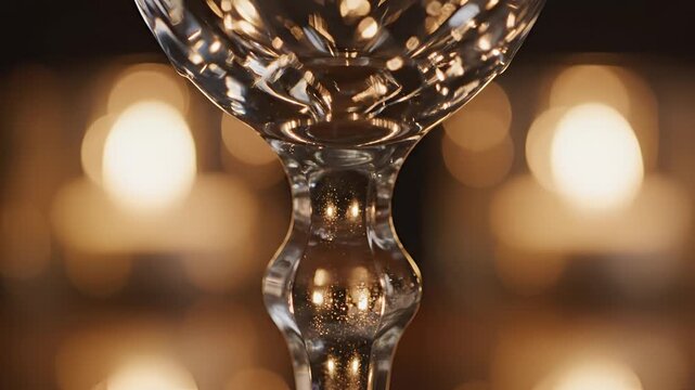Closeup of a crystal goblet with bokeh lights in the background.