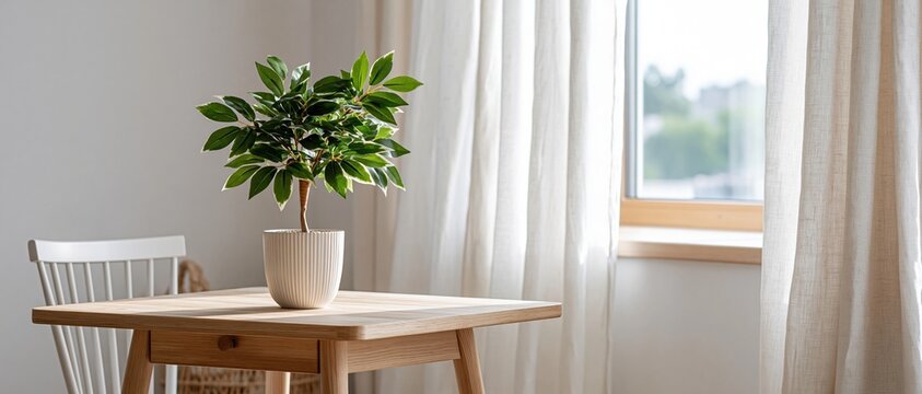Serene Indoor Plant on Wooden Table Beside Window with Soft Curtains, Natural Light, and Cozy Atmosphere