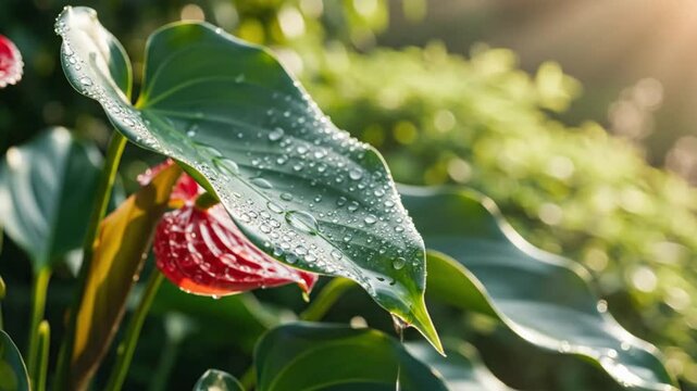 Close-up of a vibrant anthurium plant with dew drops on leaves, illuminated by warm sunlight.