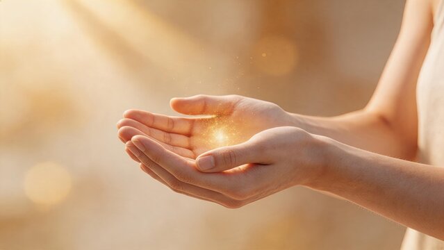 Woman hands holding glowing golden light energy particles symbolizing hope, healing, spirituality, wellness and positive vibes in soft natural sunlight background