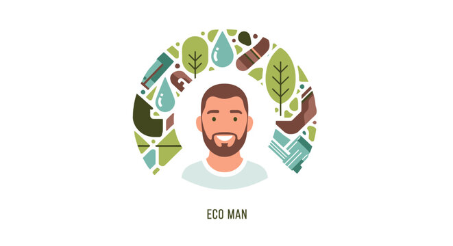 Environmentalist man avatar with nature and sustainability icons